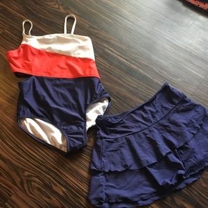 Red white and blue side cut out one piece and matching skirt coverup